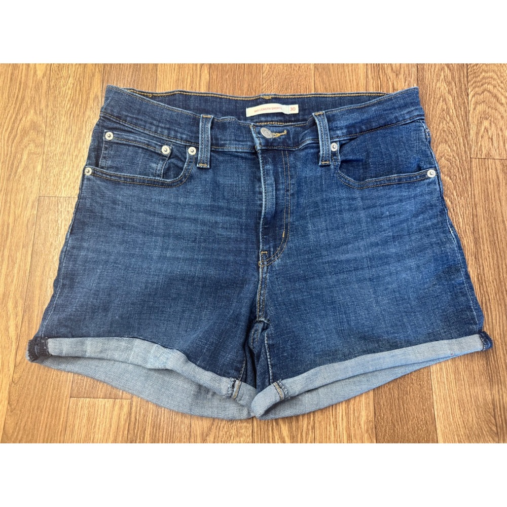 Levis Mid Length Shorts Womens 30 Dark Wash Denim Cuffed Stretch 29965-0043 Blue
